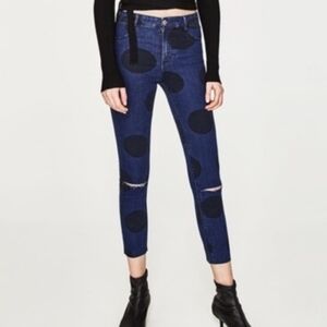 ZARA Trafaluc Denim Makers Polka Dot Skinny Jeans Cropped Blue Black Size 4